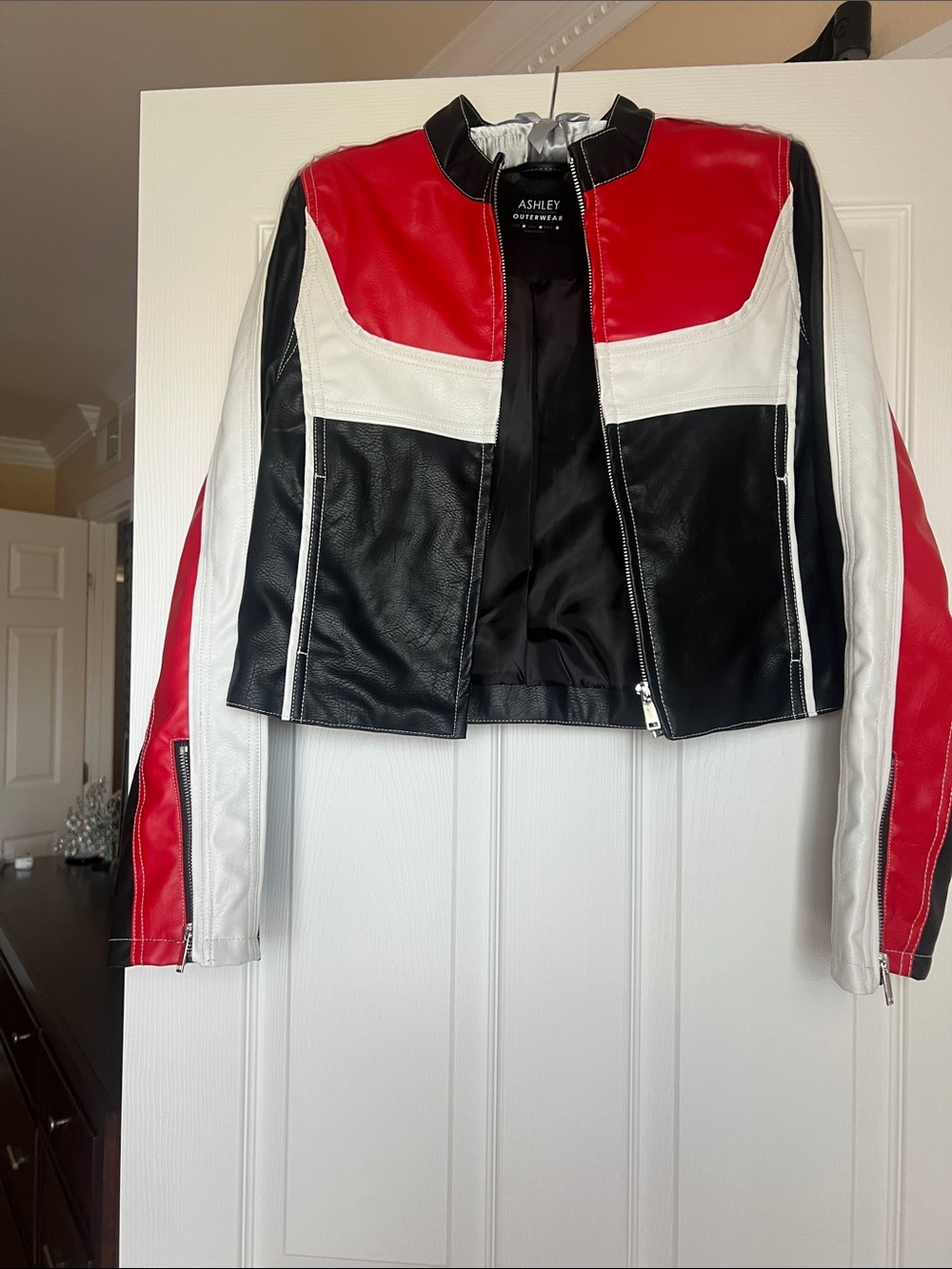 Ashley Colorblock Leather Moto Jacket in Red, Black & White